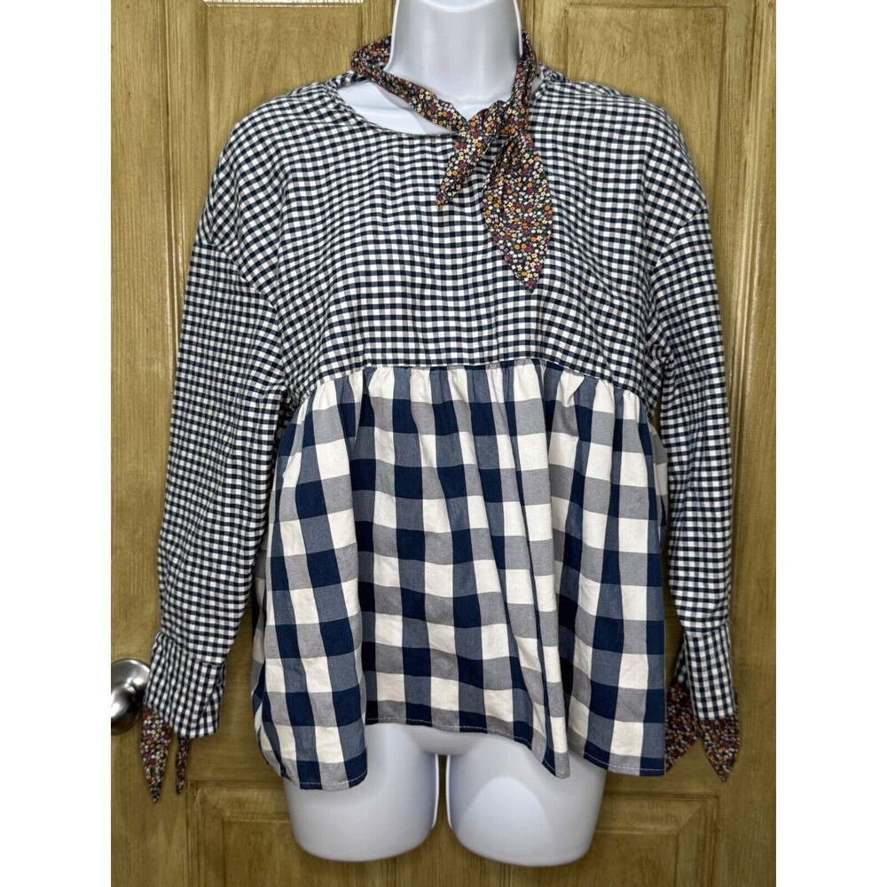 Zara Trafaluc Blue White Gingham Buffalo Checkered Babydoll Top Large